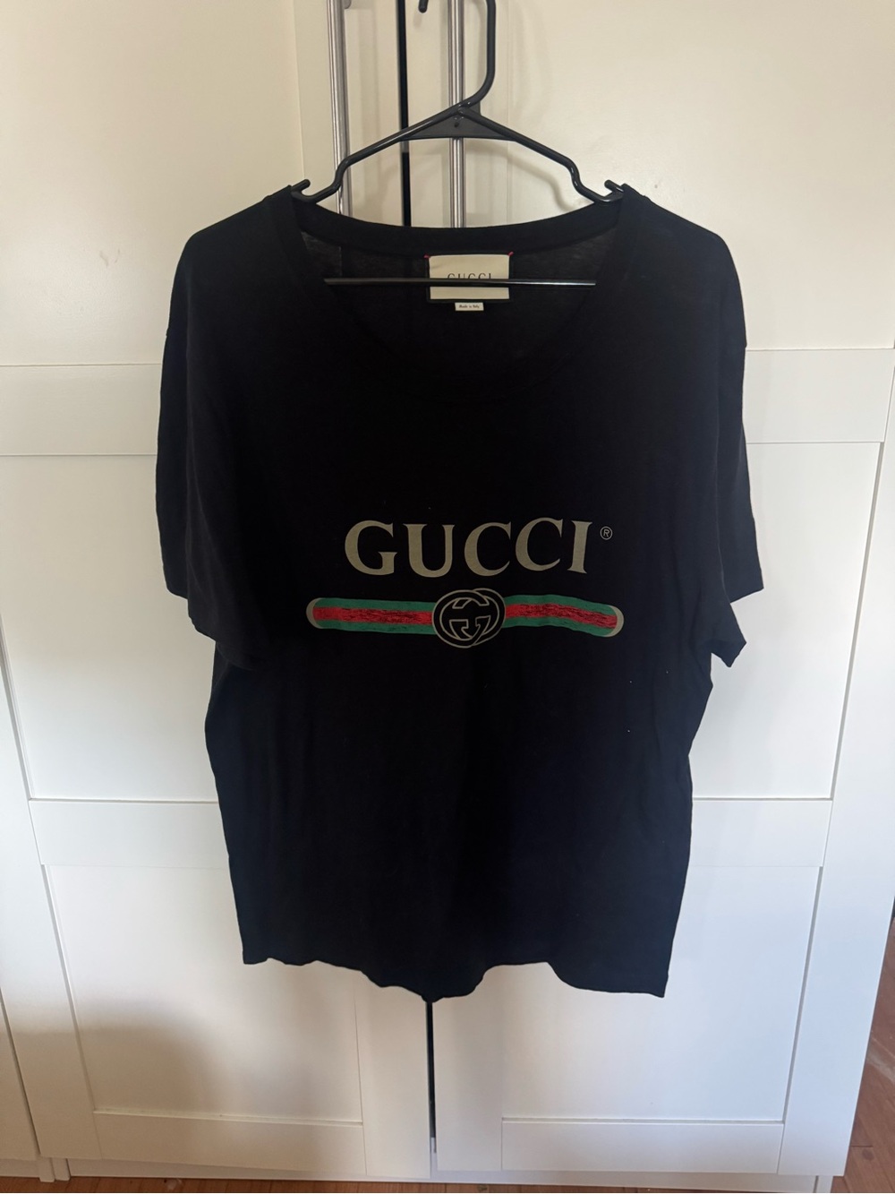 Gucci Black Tee with Green & Red Web and Gold Logo